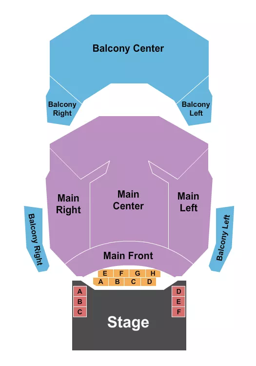 Circus Seating Chart at Center Theatre At North Shore Center For The Performing Arts. The chart shows the main floor/stage with seating options surrounding it, which are color coded