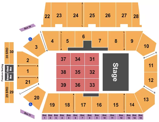 Endstage 3 Seating Chart at Centre 200. The chart shows the main floor/stage with seating options surrounding it, which are color coded