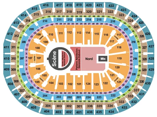5 Seconds of Summer Seating Chart at Centre Bell. The chart shows the main floor/stage with seating options surrounding it, which are color coded