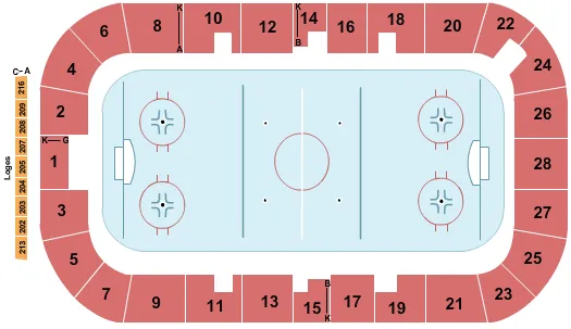 Hockey Seating Chart at Centre Georges - Vezina. The chart shows the main floor/stage with seating options surrounding it, which are color coded