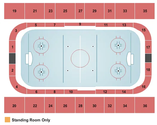 Hockey Seating Chart at Centre Marcel Dionne. The chart shows the main floor/stage with seating options surrounding it, which are color coded