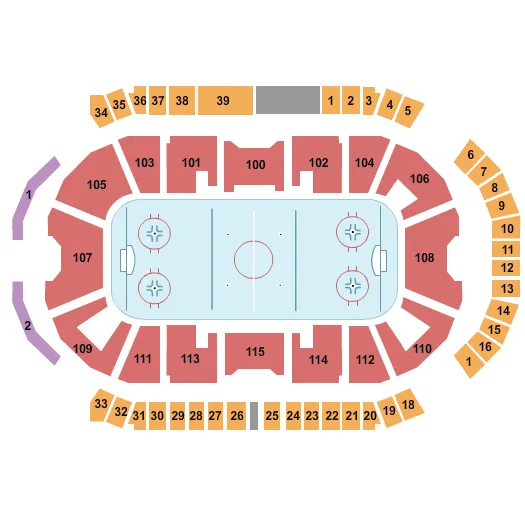 Hockey 1 Seating Chart at Centre Slush Puppie. The chart shows the main floor/stage with seating options surrounding it, which are color coded