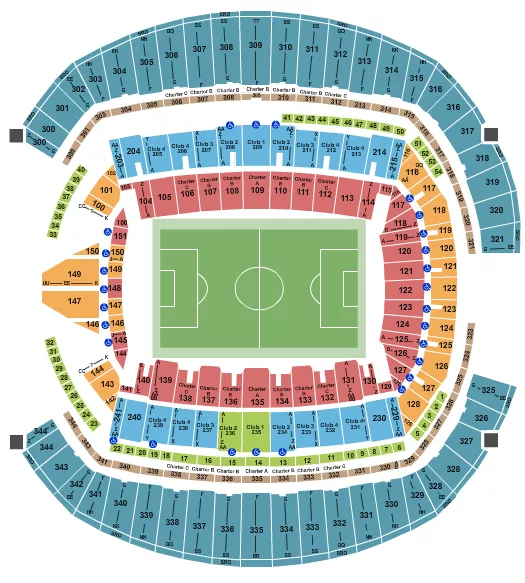 Club World Cup Seating Chart at Lumen Field. The chart shows the main floor/stage with seating options surrounding it, which are color coded