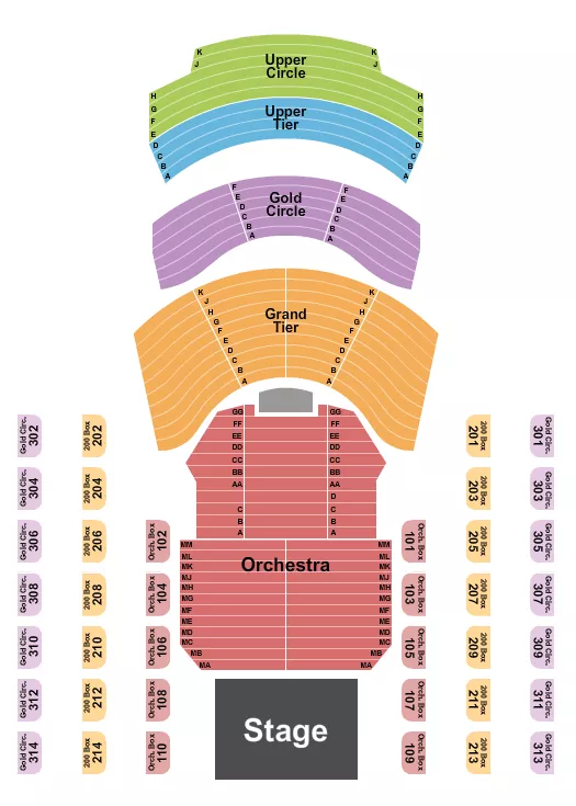 End Stage Seating Chart at Cerritos Center. The chart shows the main floor/stage with seating options surrounding it, which are color coded