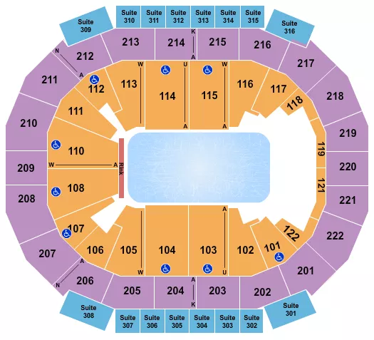 Disney On Ice Seating Chart at Chaifetz Arena. The chart shows the main floor/stage with seating options surrounding it, which are color coded