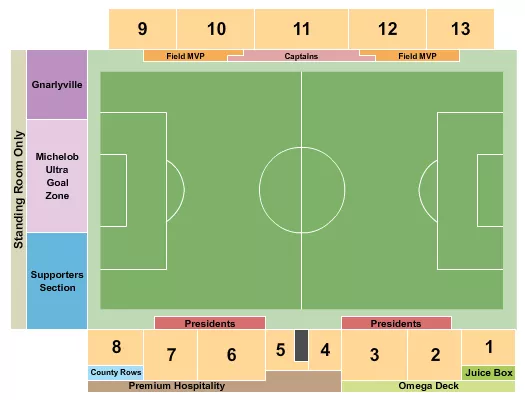 Soccer 2 Seating Chart at Championship Stadium at OC Great Park. The chart shows the main floor/stage with seating options surrounding it, which are color coded