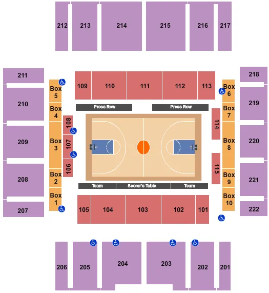 Basketball Seating Chart at Charles E. Smith Center. The chart shows the main floor/stage with seating options surrounding it, which are color coded