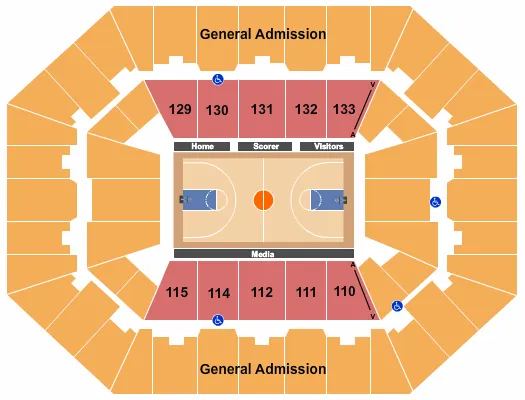 Basketball GA Seating Chart at Charleston Coliseum & Convention Center. The chart shows the main floor/stage with seating options surrounding it, which are color coded