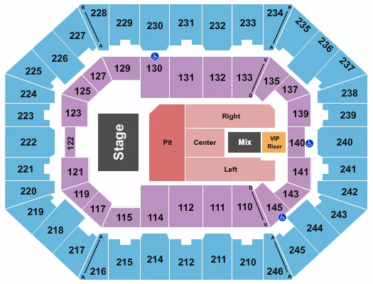 Breaking Benjamin Seating Chart at Charleston Coliseum & Convention Center. The chart shows the main floor/stage with seating options surrounding it, which are color coded