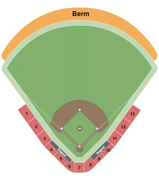Baseball Seating Chart at Charlie Monfort Field at America First Ballpark. The chart shows the main floor/stage with seating options surrounding it, which are color coded