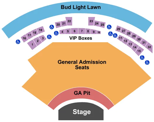 All GA - Rsvd Boxes Seating Chart at Skyla Credit Union Amphitheatre. The chart shows the main floor/stage with seating options surrounding it, which are color coded