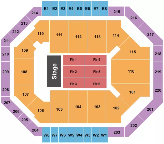 End Stage Seating Chart at Chartway Arena at Ted Constant Convocation Center. The chart shows the main floor/stage with seating options surrounding it, which are color coded