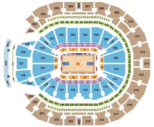 Baskteball RO Seating Chart at Chase Center. The chart shows the main floor/stage with seating options surrounding it, which are color coded