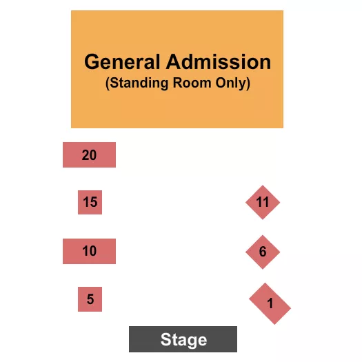 GA & Tables Seating Chart at Cheatham Street Warehouse. The chart shows the main floor/stage with seating options surrounding it, which are color coded