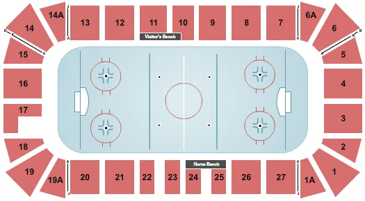 Hockey Seating Chart at Cheel Arena. The chart shows the main floor/stage with seating options surrounding it, which are color coded