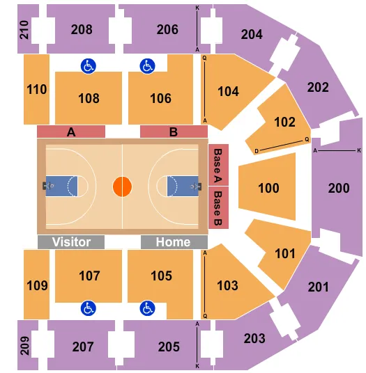 Basketball Seating Chart at Chesapeake Employers' Insurance Arena. The chart shows the main floor/stage with seating options surrounding it, which are color coded