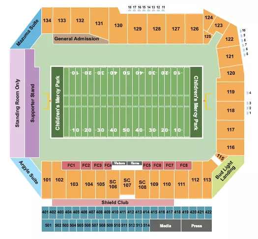 Football 1 Seating Chart at Sporting Park. The chart shows the main floor/stage with seating options surrounding it, which are color coded