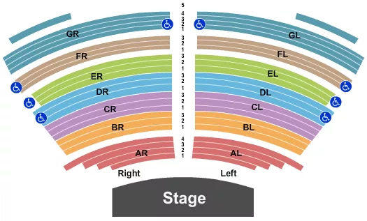 End Stage Seating Chart at Chinook Winds Casino Resort Showroom. The chart shows the main floor/stage with seating options surrounding it, which are color coded