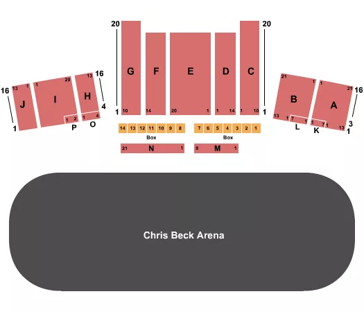 Performance Area Seating Chart at Chris Beck Arena at Sonoma County Fairgrounds. The chart shows the main floor/stage with seating options surrounding it, which are color coded