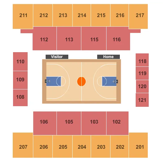 Basketball Seating Chart at Christl Arena. The chart shows the main floor/stage with seating options surrounding it, which are color coded