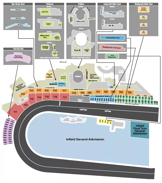 Kentucky Derby Seating Chart at Churchill Downs. The chart shows the main floor/stage with seating options surrounding it, which are color coded