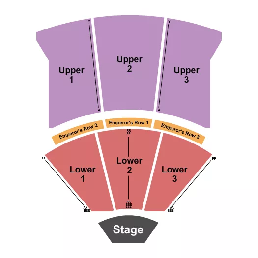 Endstage Seating Chart at Circus Maximus Theater at Caesars. The chart shows the main floor/stage with seating options surrounding it, which are color coded