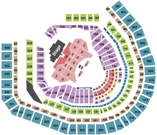 Ateez Seating Chart at Citi Field. The chart shows the main floor/stage with seating options surrounding it, which are color coded