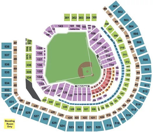 Baseball Seating Chart at Citi Field. The chart shows the main floor/stage with seating options surrounding it, which are color coded