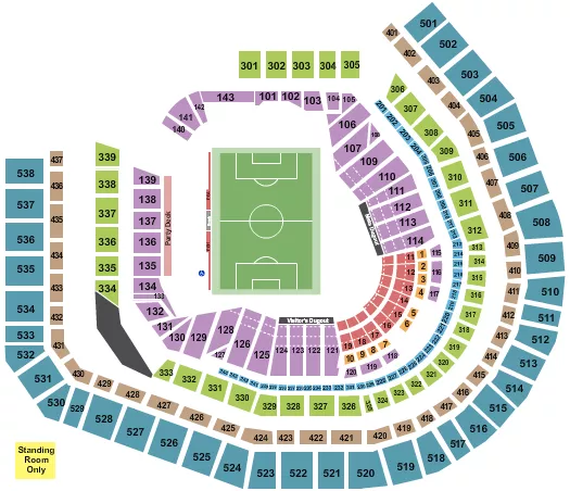 Soccer Seating Chart at Citi Field. The chart shows the main floor/stage with seating options surrounding it, which are color coded