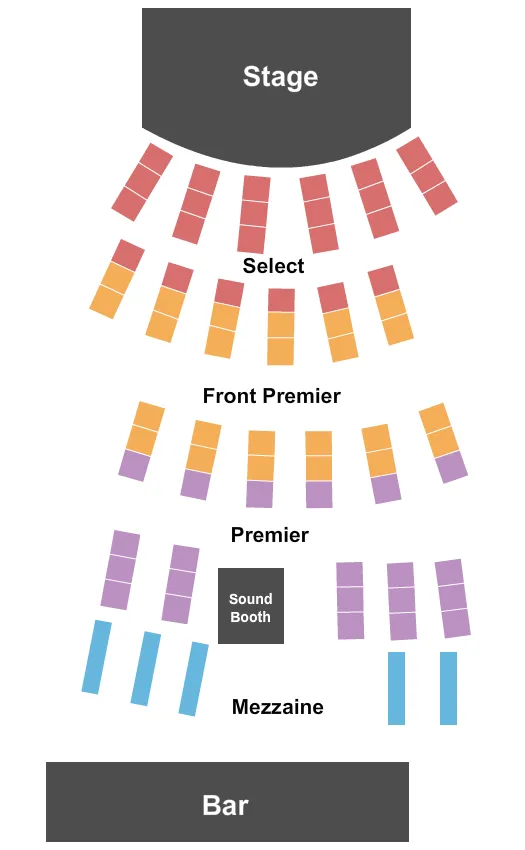 End Stage Seating Chart at City Winery. The chart shows the main floor/stage with seating options surrounding it, which are color coded