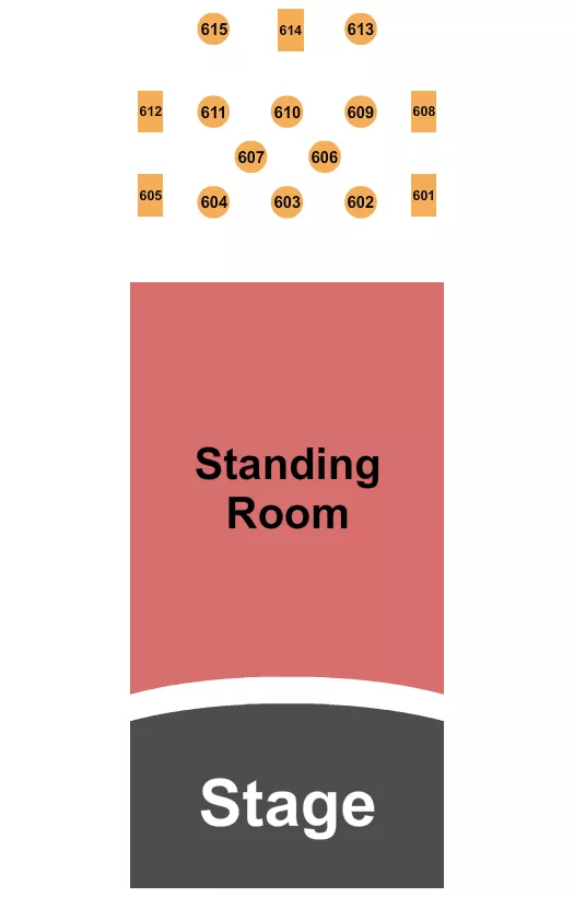 Endstage SRO Seating Chart at City Winery. The chart shows the main floor/stage with seating options surrounding it, which are color coded