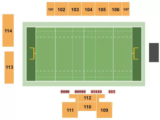 Rugby Seating Chart at Clarke Stadium. The chart shows the main floor/stage with seating options surrounding it, which are color coded