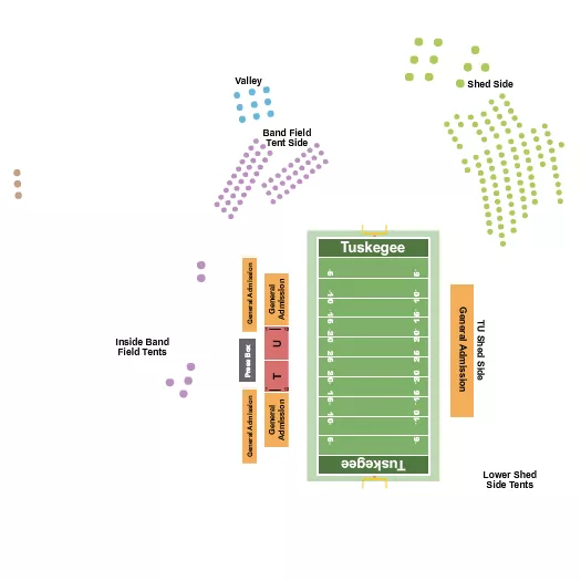 Football Seating Chart at Cleve L. Abbott Memorial Alumni Stadium. The chart shows the main floor/stage with seating options surrounding it, which are color coded