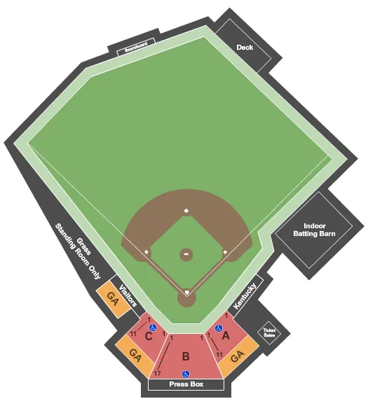 Baseball Seating Chart at Cliff Hagan Stadium. The chart shows the main floor/stage with seating options surrounding it, which are color coded