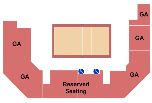 Volleyball Seating Chart at Cliff Keen Arena. The chart shows the main floor/stage with seating options surrounding it, which are color coded