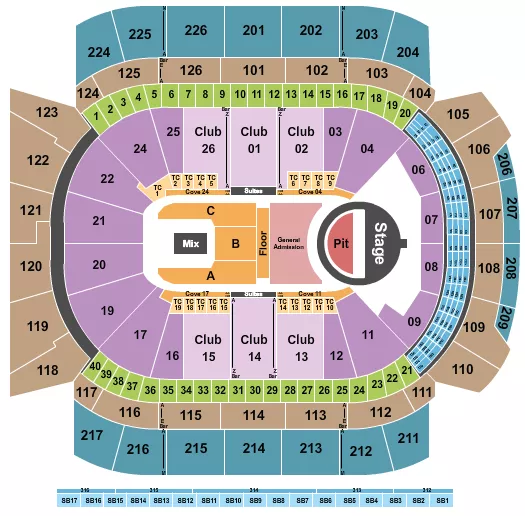 5 Seconds of Summer Seating Chart at Climate Pledge Arena. The chart shows the main floor/stage with seating options surrounding it, which are color coded