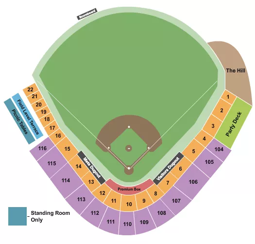 Spring Training Seating Chart at Clover Park. The chart shows the main floor/stage with seating options surrounding it, which are color coded