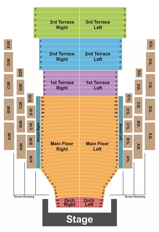 Endstage Seating Chart at Clowes Memorial Hall. The chart shows the main floor/stage with seating options surrounding it, which are color coded