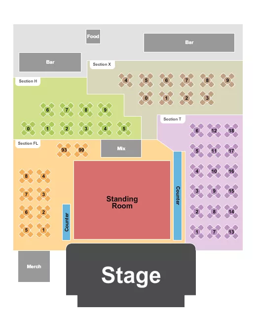 Endstage GA & Tables 3 Seating Chart at Club LA. The chart shows the main floor/stage with seating options surrounding it, which are color coded