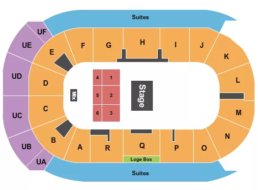 Blippi Seating Chart at Co-Op Place. The chart shows the main floor/stage with seating options surrounding it, which are color coded