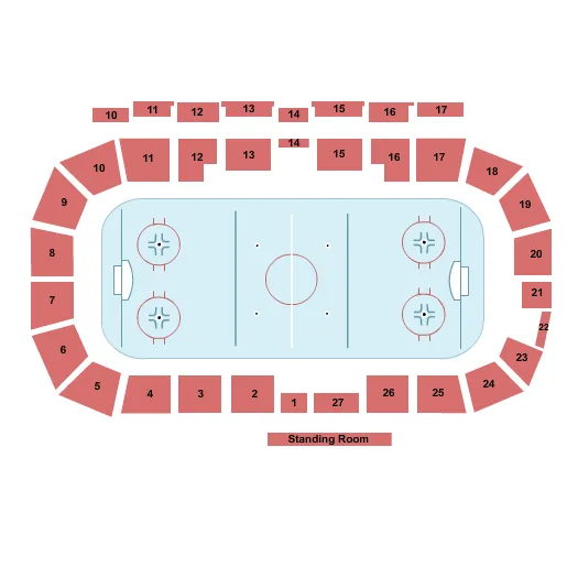 Hockey Seating Chart at Colisee Desjardins. The chart shows the main floor/stage with seating options surrounding it, which are color coded