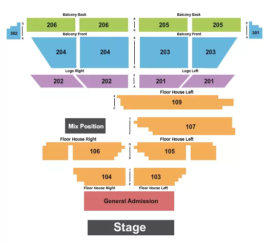 Endstage 2 GA Seating Chart at College Street Music Hall. The chart shows the main floor/stage with seating options surrounding it, which are color coded
