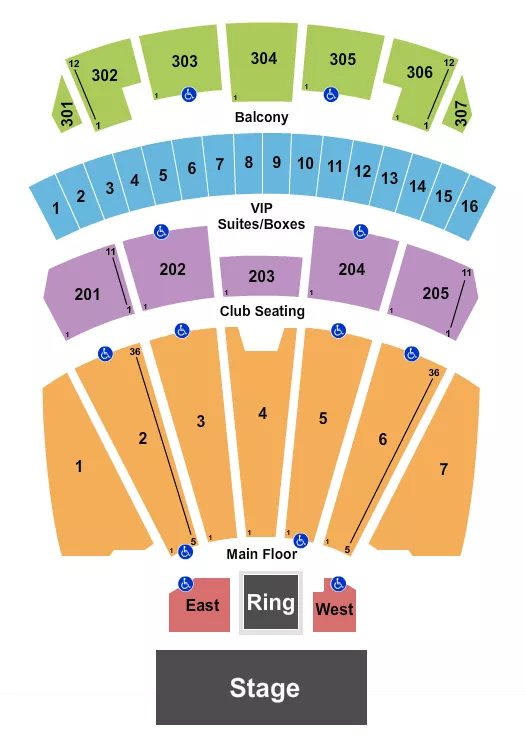 AEW Seating Chart at Arizona Financial Theatre. The chart shows the main floor/stage with seating options surrounding it, which are color coded