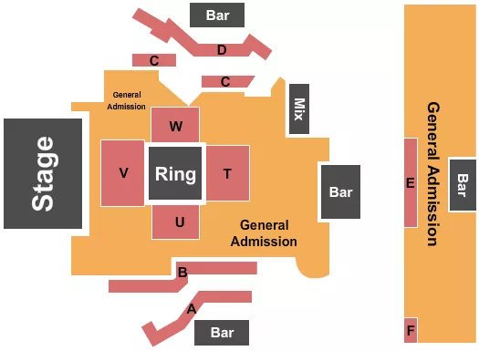 Ballroom Wrestling Seating Chart at Commodore Ballroom. The chart shows the main floor/stage with seating options surrounding it, which are color coded