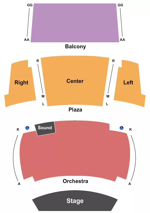 Endstage - No Dance Floor Seating Chart at Community Concert Hall at FLC. The chart shows the main floor/stage with seating options surrounding it, which are color coded