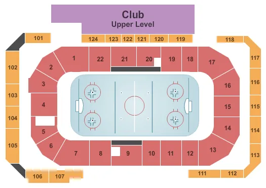 Hockey Seating Chart at Compton Family Ice Arena. The chart shows the main floor/stage with seating options surrounding it, which are color coded