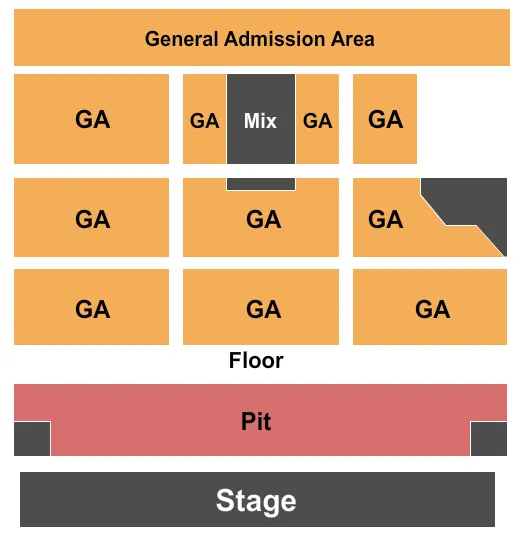 Endstage - GA Pit & GA Floor Seating Chart at Old Concrete Street Amphitheater. The chart shows the main floor/stage with seating options surrounding it, which are color coded