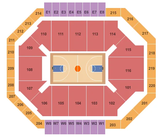 Basketball Seating Chart at Chartway Arena at Ted Constant Convocation Center. The chart shows the main floor/stage with seating options surrounding it, which are color coded