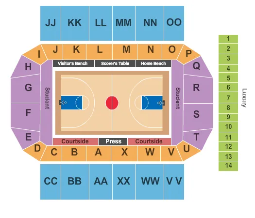 Basketball Seating Chart at Conte Forum. The chart shows the main floor/stage with seating options surrounding it, which are color coded