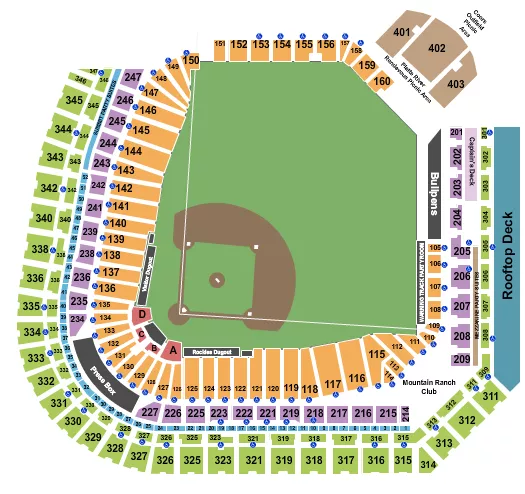 Baseball Seating Chart at Coors Field. The chart shows the main floor/stage with seating options surrounding it, which are color coded